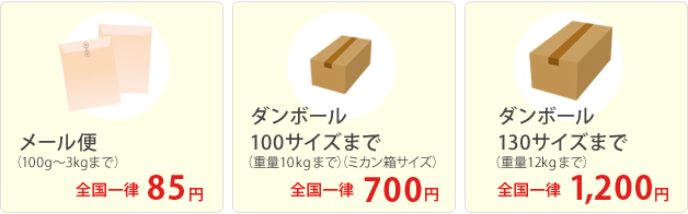 ダンボール80サイズ(重量5kgまで)全国一律 700円、ダンボール100サイズ(重量10kgまで)全国一律 700円、ダンボール130サイズ(重量20kgまで)全国一律 1200円